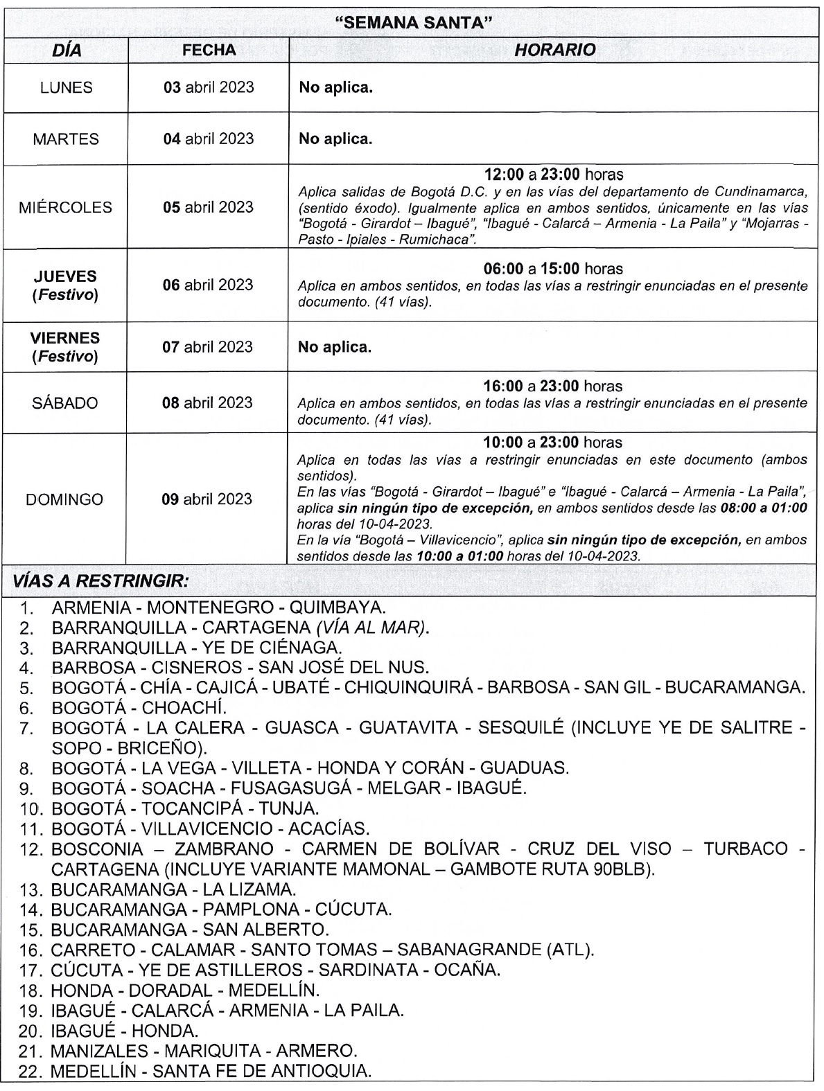 Restricción Semana Santa